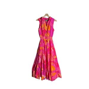 MSK Pink Orange Abstract Print Sleeveless Tiered Maxi Dress Small Smocked Waist